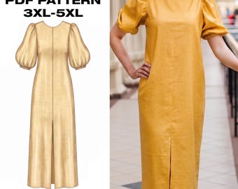 Camilla Plus Size Linen Dress Sewing Pattern PDF | Puff Sleeve Midi with Centre Slit | Curvy Sizes 3XL-5XL | Instant Download