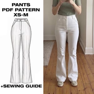 May include: White flared pants with a high waist, shown in a diagram and worn by a person. The diagram includes the text "PANTS PDF PATTERN XS-M" and "+SEWING GUIDE". The pants are made of a solid white fabric.