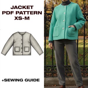 May include: A teal jacket with a round neckline, two front pockets, and button closures. The image also includes a jacket pattern illustration and the text "JACKET PDF PATTERN XS-M +SEWING GUIDE."