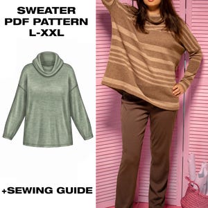 Puede incluir: Un patrón PDF de suéter para tallas L-XXL con guía de costura. La imagen muestra un dibujo técnico de un suéter verde salvia con cuello holgado y mangas largas, y una fotografía de un suéter de rayas marrones con pantalones marrones.