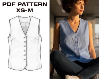 Patrón de costura para chaleco sin mangas de mujer / Top abotonado / Chaleco con cuello en V / Ideal para principiantes / Tallas XS–M / Formatos A4, Carta, Plotter