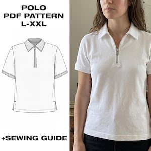 May include: White polo shirt with a zipper closure, short sleeves, and a collared neckline. The image also includes a PDF pattern for sizes L-XXL and a sewing guide.