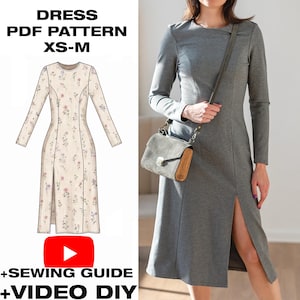 Puede incluir: Un vestido gris de manga larga con abertura lateral y una ilustración de patrón de costura PDF con estampado floral etiquetado DRESS PDF PATTERN XS-M, que incluye un icono de reproducción de YouTube y texto de guía de costura y video DIY.