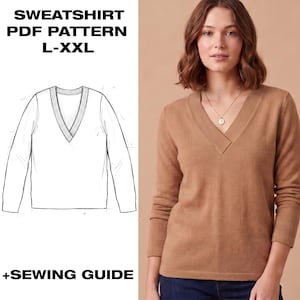 May include: A tan V-neck sweater with long sleeves. The image also shows a line drawing of the sweater and the text "SWEATSHIRT PDF PATTERN L-XXL +SEWING GUIDE". The sweater has a ribbed neckline and cuffs.