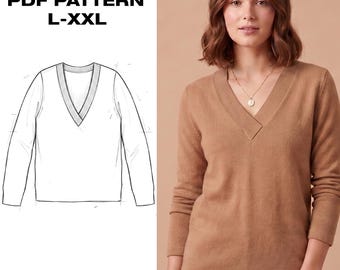 V-Neck Sweatshirt Pattern PDF | Ribbed Collar Pullover | Womens Sweater Sewing | Classic Long Sleeve Top | L-XXL
