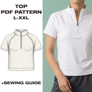 Könnte beinhalten: Weißes Kurzarm-Top mit Stehkragen und Reißverschluss. Das Bild enthält ein PDF-Schnittmuster für die Größen L-XXL und eine Nähanleitung. Das Top wird auf einer Person und als Strichzeichnung gezeigt.