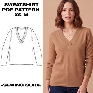 Könnte beinhalten: Ein beigefarbener V-Ausschnitt-Pullover mit langen Ärmeln. Das Bild zeigt auch eine Strichzeichnung des Pullover-Designs, zusammen mit dem Text "SWEATSHIRT PDF PATTERN XS-M" und "+SEWING GUIDE".