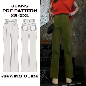 Jeans acampanados, Patrón de jeans de cintura alta, Patrón de jeans de verano, Patrón de jeans ajustados, Patrón de jeans de moda US 6-16 / A4, Carta, Plotter
