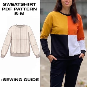 May include: A color-blocked long-sleeve sweatshirt featuring mustard yellow, orange, black, and white panels with a crew neckline and ribbed cuffs. The image includes a technical line drawing of the garment and the text SWEATSHIRT PDF PATTERN S-M +SEWING GUIDE.