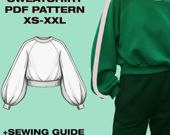 Raglan Sweatshirt Sewing Pattern PDF | Oversized Women’s Sweater | Long Sleeve Pullover | Crewneck Top | Sizes US 2-1