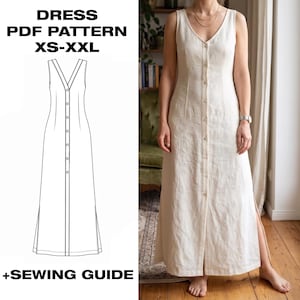 Könnte beinhalten: Ein ärmelloses, bodenlanges cremefarbenes Kleid mit V-Ausschnitt und durchgehender Knopfleiste vorne. Das Bild enthält eine technische Strichzeichnung des Kleides und den Text DRESS PDF PATTERN XS-XXL + SEWING GUIDE.