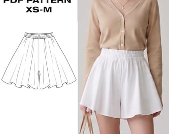 Flared Shorts Pattern PDF | Flowy Skort Sewing Pattern | Elastic Waist Summer Shorts | Wide Leg Bottoms | XS-M