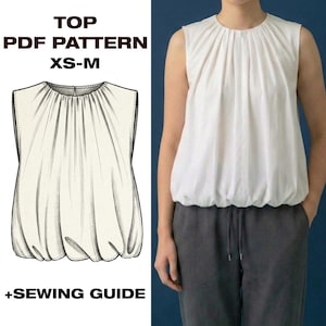 Puede incluir: Una blusa blanca sin mangas con cuello y dobladillo fruncidos. La imagen también muestra un patrón PDF para la blusa, con el texto "TOP PDF PATTERN XS-M +SEWING GUIDE". La blusa se muestra en una persona que lleva pantalones grises.