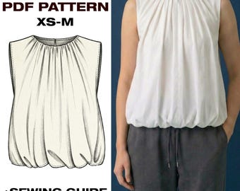 Bubble Hem Top Pattern PDF | Gathered Neck Blouse | Sleeveless Blouson Shirt | Womens Summer Top Sewing Pattern | XS-M Digital