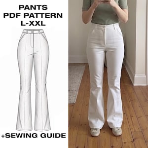 Può includere: Pantaloni bianchi a zampa con vita alta, mostrati in una foto e in un disegno a tratto. Il disegno a tratto include il testo "PANTS PDF PATTERN L-XXL" e "+SEWING GUIDE". I pantaloni sono di stile classico.