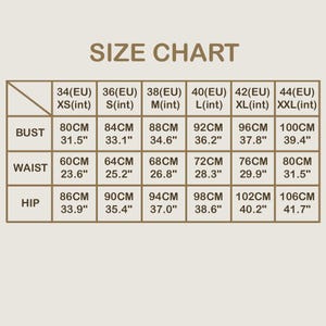 May include: Size chart for clothing with measurements in inches and centimeters. The chart shows sizes from XS to XXL, with corresponding bust, waist, and hip measurements.