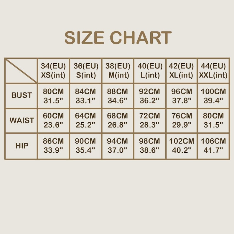 May include: Size chart for clothing with measurements in inches and centimeters. The chart shows sizes from XS to XXL, with corresponding bust, waist, and hip measurements.