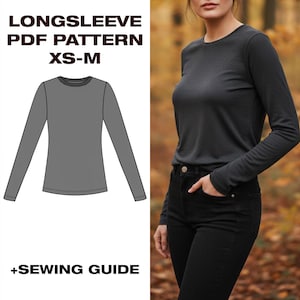 Könnte beinhalten: Ein langärmeliges Shirt in Anthrazitgrau mit Rundhalsausschnitt und figurbetonter Silhouette. Das Bild enthält eine PDF-Musterillustration und den Text "LONGSLEEVE PDF PATTERN XS-M + SEWING GUIDE". Das Shirt wird mit schwarzen Jeans kombiniert.