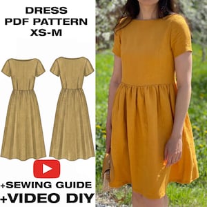 Può includere: Un abito color giallo senape con maniche corte, scollo rotondo e vita arricciata. L'immagine include il testo DRESS PDF PATTERN XS-M, SEWING GUIDE e VIDEO DIY, insieme a due schizzi tecnici del design dell'abito.