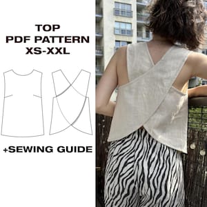 Patrón de costura de blusa con espalda abierta, blusa con espalda cruzada, patrón de blusa de verano, patrón de blusa elegante Y2K, blusa drapeada / US 6-16 / A4, Carta, Plotter