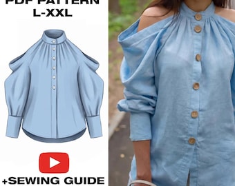 Plus Size Cold Shoulder Blouse PDF Sewing Pattern | High Neck Button Up | Statement Sleeve Curvy Top | L-XXL | Digital Download + Guide