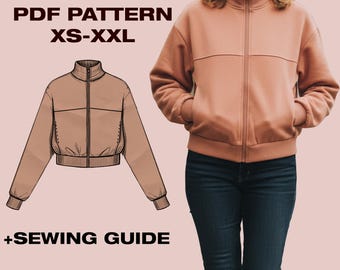 Warm Zip-Up Sweatshirt Sewing Pattern | Cropped Zipper Jacket pdf pattern illustrated instructions | Sizes XS-XXL | A4, US Letter, Plotter