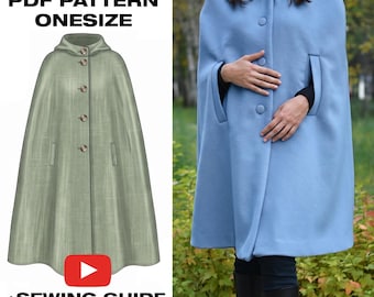 Hooded Cape Coat PDF Sewing Pattern | Lined Wool Cape with Hood and Button Front | Oversized Poncho Coat | One Size | Digital Download