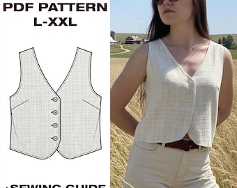 Patrón de costura para chaleco de mujer / Blusa abotonada (PDF) / Patrón de chaleco sin mangas / Patrón de costura digital / Tallas L-XXL / Para plotter, tamaño carta (EE. UU.), tamaño A4