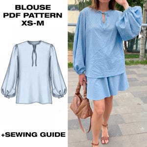 Cartamodello PDF per camicetta con maniche a sbuffo / Top con scollo a goccia e fiocco / Camicetta oversize stile boho stile contadino / Taglie da donna XS-M / Download digitale + Guida