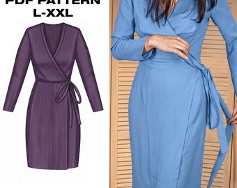 Plus Size Wrap Dress PDF Sewing Pattern | Tie Waist Puff Sleeve Dress | Two Skirt Options Midi Dress | Women L-XXL | Digital Download