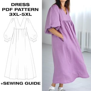 Puede incluir: Un vestido midi color lavanda con escote en V, cintura fruncida y mangas largas voluminosas con puños. La imagen incluye un dibujo lineal en blanco y negro del patrón etiquetado DRESS PDF PATTERN 3XL-5XL +SEWING GUIDE.