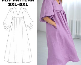 Matilda Plus Size Cottagecore Dress Pattern PDF | V Neck Linen Maxi with Puff Sleeves | Curvy Sizes 3XL-5XL | Instant Download
