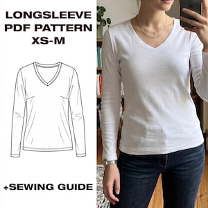 Op de afbeelding: Wit V-hals shirt met lange mouwen. De afbeelding bevat een lijntekening van het shirt en de tekst "LONGSLEEVE PDF PATTERN XS-M +SEWING GUIDE". Het shirt wordt gecombineerd met een donkerblauwe jeans.