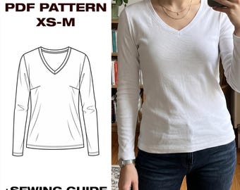 Long Sleeved T-Shirt Sewing Pattern | V-Neck | Women’s Knit Top PDF | Basic Layering Tee Pattern | A4, Plotter, Letter | XS-M
