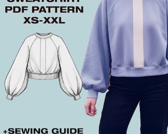 Women’s Raglan Sleeve Sweatshirt Pattern | Loose Fit Oversized | PDF Sewing Pattern US 2-12 | Casual Pullover Top