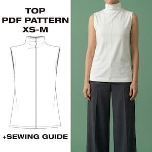 May include: A white sleeveless turtleneck top and dark gray wide-leg pants. The image includes a PDF pattern for a top, sizes XS-M, and a sewing guide. The top has a vertical seam down the front.