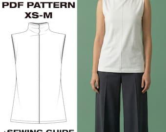 Sleeveless Top Sewing Pattern | Mock Neck Shirt PDF | Womens High Neck Tank | Basic Minimalist Top | XS-M Digital Download