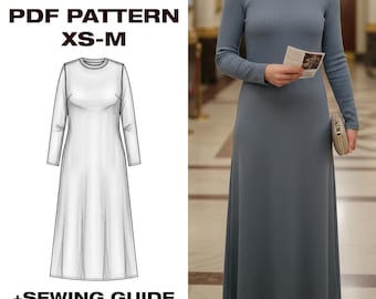 Verona Dress / Knit Dress Sewing Pattern with Instruction, Elegant Long Sleeve Flare Design for Everyday or Evening/A4,USLetter,Plotter/XS-M