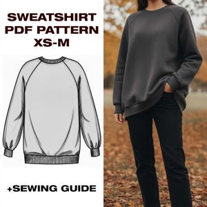 Peut inclure: Un sweat-shirt gris foncé avec des manches raglan et un col et des poignets côtelés. L'image comprend un patron PDF pour les tailles XS-M et un guide de couture. Le sweat-shirt est porté avec un jean noir.
