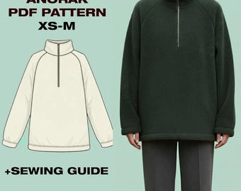 Sherpa Fleece Jacket Sewing Pattern | Half Zip Stand Collar Anorak | Unisex Outdoor Layer | XS-M | PDF A4 Plotter US Letter