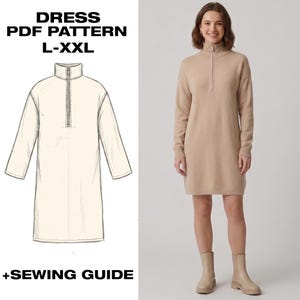 May include: A woman wearing a beige, long-sleeved dress with a zipper at the neckline. The dress is knee-length and paired with matching boots. The image also includes a line drawing of the dress with the text "DRESS PDF PATTERN L-XXL +SEWING GUIDE."