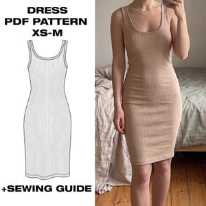 May include: A beige, ribbed tank dress. The dress is knee-length and form-fitting. The image also shows a line drawing of the dress with the text "DRESS PDF PATTERN XS-M +SEWING GUIDE".