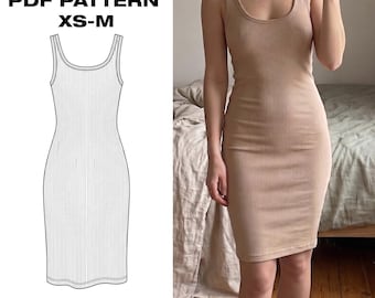 Bodycon Dress Pattern PDF | Ribbed Knit Tank Dress | Fitted Midi Dress Sewing | Womens Summer Basic | XS-M