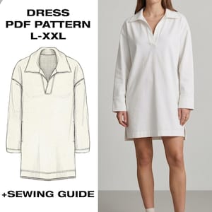 Könnte beinhalten: Ein weißes Langarmkleid mit Kragen und V-Ausschnitt. Das Bild enthält eine Strichzeichnung des Kleides und den Text "DRESS PDF PATTERN L-XXL +SEWING GUIDE".