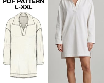 Relaxed Tunic Dress Pattern | Oversized Mini Dress PDF | Drop Shoulder Lounge Dress | Easy Sewing Womens | L-XXL
