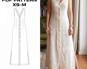 Button Down Maxi Dress Pattern | Linen Summer Dress PDF | V-Neck Sleeveless Gown | Classic Sundress | XS-M