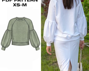 Sweatshirt PDF Sewing Pattern | Balloon Sleeve Pullover Sweatshirt | Oversized French Terry Top | Womens XS-M | Digital Download + Guide