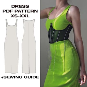 Vestido de verano bonito / Tutorial de vestido con abertura en la espalda / Patrón de vestido retro / Patrón de vestido maxi ajustado de los 90 / Patrón en PDF / Tallas 6-16 (EE. UU.) / A4, Carta, Plotter
