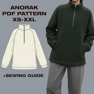 May include: Anorak PDF pattern with sewing guide. The image shows a cream-colored anorak illustration and a dark green fleece anorak with a zipper and pockets. The text on the image reads "ANORAK PDF PATTERN XS-XXL + SEWING GUIDE."