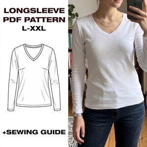 Women’s Long Sleeve T-Shirt PDF Pattern | V-Neck Knit Top | Basic Layering Tee Sewing Pattern | L–XXL | A4, US Letter, Copyshop